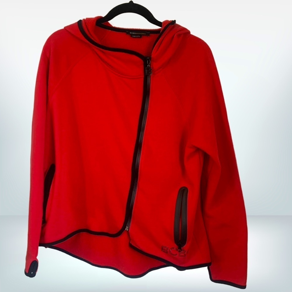 BCBGMaxazria Red and Black Asymmetric Zipper  Pocket Fleece Hoodie, size L